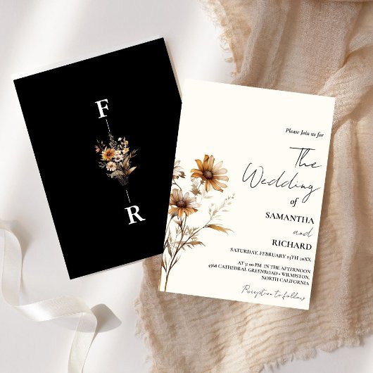 Invitation Monogramme Whimsical Mariage Fleur sauvage BLack