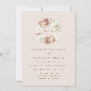 Invitation Monogramme Wreath Pampas Grass Floral Tropical Blu