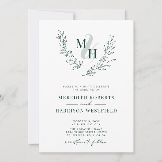 Invitation Monogramme Wreath QR Code Emerald Green Mariage (Devant)