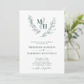 Invitation Monogramme Wreath QR Code Emerald Green Mariage (Debout devant)