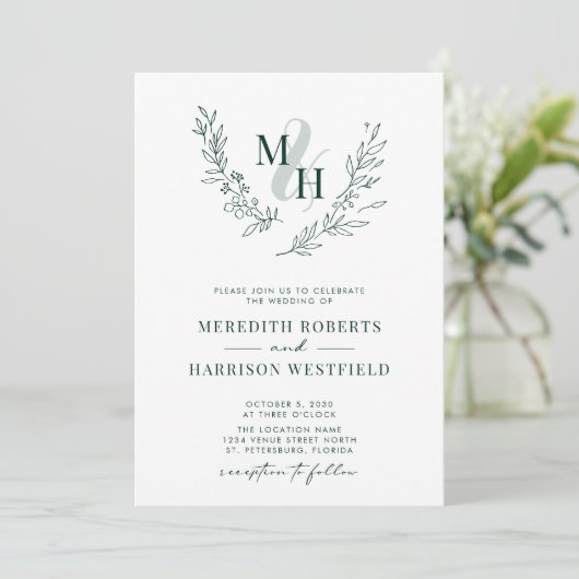 Invitation Monogramme Wreath QR Code Emerald Green Mariage (Debout devant)
