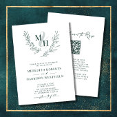 Invitation Monogramme Wreath QR Code Emerald Green Mariage