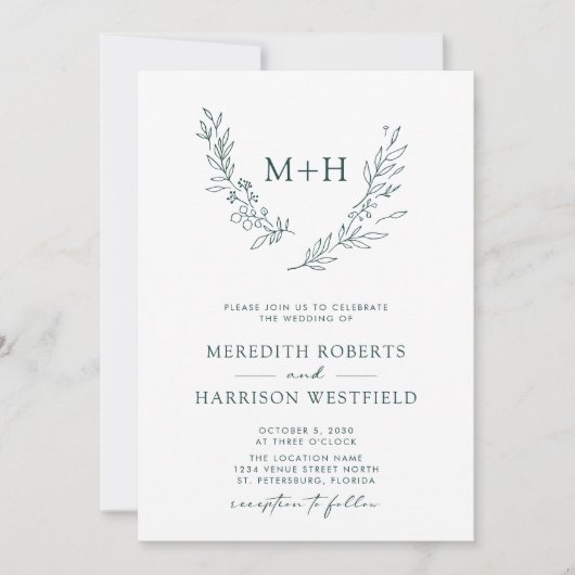 Invitation Monogramme Wreath QR Code Forest Green Mariage (Devant)