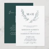 Invitation Monogramme Wreath QR Code Forest Green Mariage (Devant / Derrière)