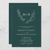 Invitation Monogramme Wreath QR Code Forest Green Mariage (Devant / Derrière)