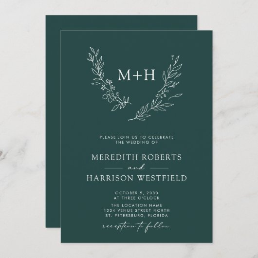 Invitation Monogramme Wreath QR Code Forest Green Mariage (Devant / Derrière)