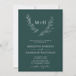 Invitation Monogramme Wreath QR Code Forest Green Mariage