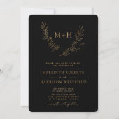 Invitation Monogramme Wreath QR Code Gold sur Mariage noir (Devant)