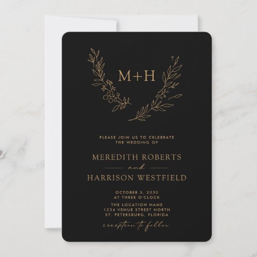 Invitation Monogramme Wreath QR Code Gold sur Mariage noir (Devant)