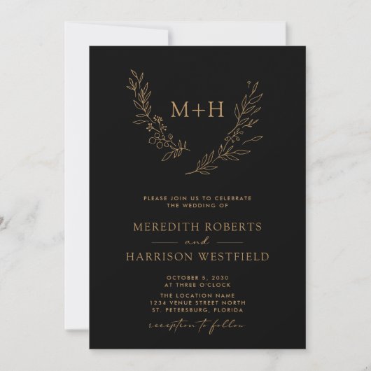 Invitation Monogramme Wreath QR Code Gold sur Mariage noir (Devant)