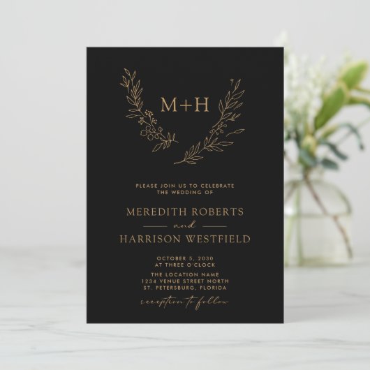 Invitation Monogramme Wreath QR Code Gold sur Mariage noir (Debout devant)