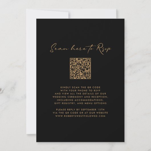 Invitation Monogramme Wreath QR Code Gold sur Mariage noir (Dos)