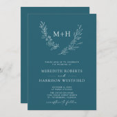 Invitation Monogramme Wreath QR Code Mariage bleu Turquoise (Devant / Derrière)