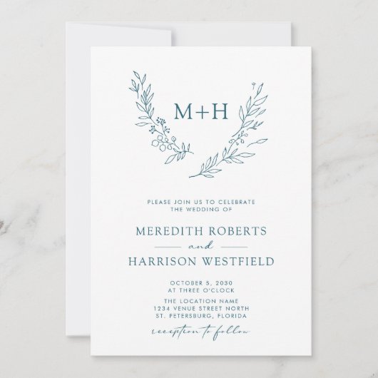 Invitation Monogramme Wreath QR Code Mariage bleu Turquoise (Devant)