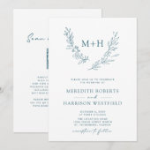 Invitation Monogramme Wreath QR Code Mariage bleu Turquoise (Devant / Derrière)