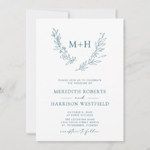 Invitation Monogramme Wreath QR Code Mariage bleu Turquoise