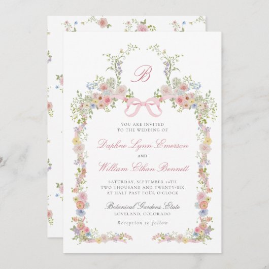 Invitation Monogrammed Bows and Wildflowers Wedding (Devant / Derrière)