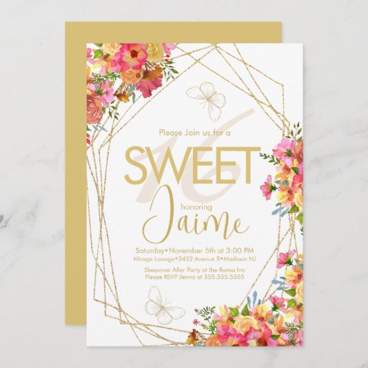 Invitation Monogrammed Sweet 16 Florals Papillons de jardin (Devant / Derrière)