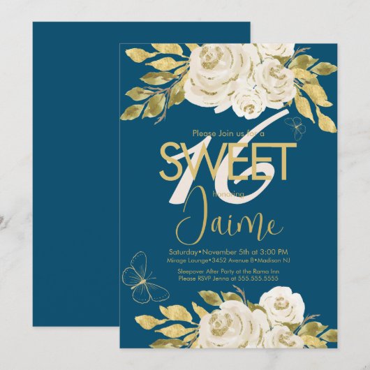 Invitation Monogrammed Sweet 16 Ivory Rose Rose Florals Marin (Devant / Derrière)