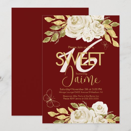 Invitation Monogrammed Sweet 16 Vin de fleurs roses Roses ivo (Devant / Derrière)