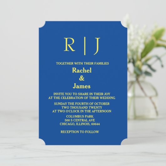 Invitation Monogrammes bleu jaune Mariage minimal élégant (Debout devant)