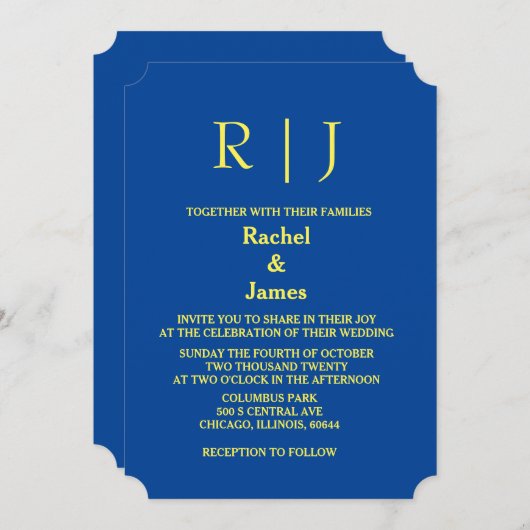 Invitation Monogrammes bleu jaune Mariage minimal élégant (Devant / Derrière)