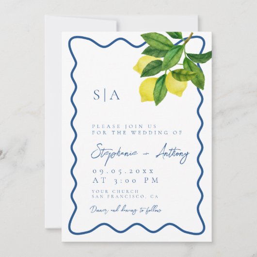 Invitation Monogrammes Citron Citrus, Bordure Vague Bleue Mar (Devant)