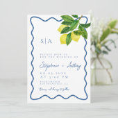 Invitation Monogrammes Citron Citrus, Bordure Vague Bleue Mar (Debout devant)
