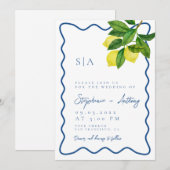 Invitation Monogrammes Citron Citrus, Bordure Vague Bleue Mar (Devant / Derrière)