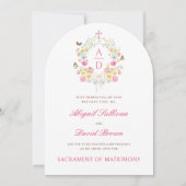 Invitation Monogrammes de cadre de fleurs vives Mariage catho (Devant)