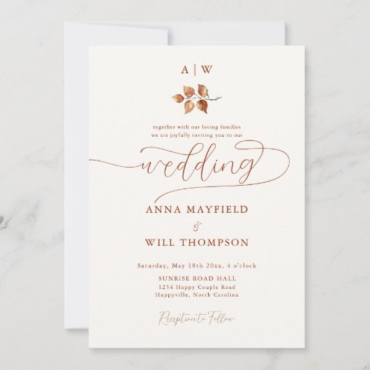 Invitation Monogrammes Feuilles Automne Crest Mariage moderne (Devant)