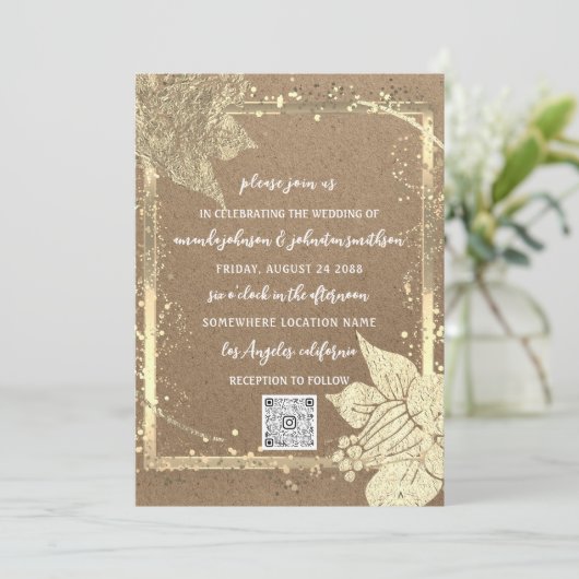 Invitation Monogrammes Floraux Photo Gold Frame QR Code Kraft (Debout devant)