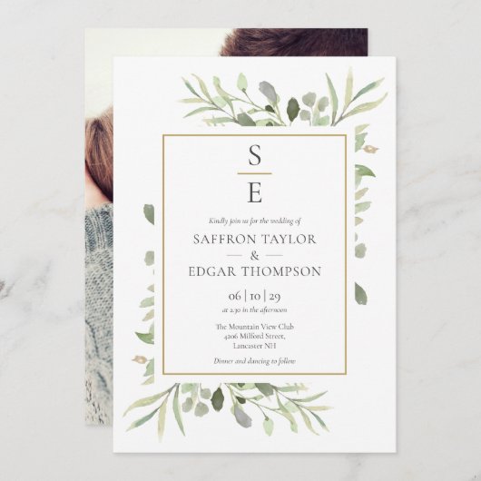 Invitation Monogrammes Initiales Végétal Foliage Mariage phot (Devant / Derrière)