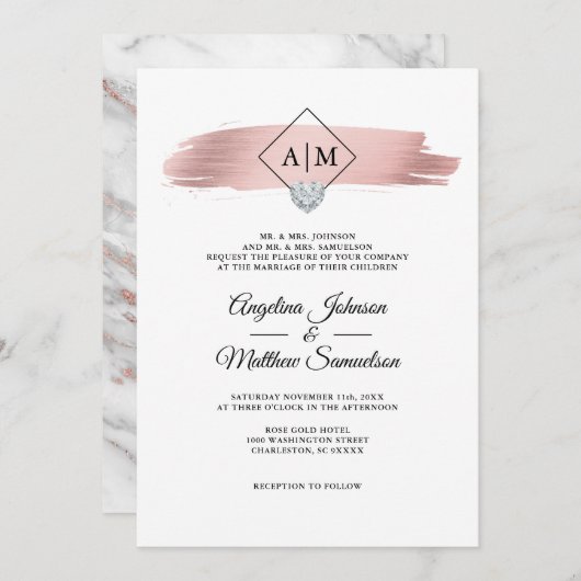 Invitation Monogrammes modernes Rose Gold Marble Coeur Mariag (Devant / Derrière)