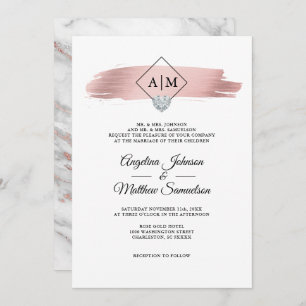 Invitation Monogrammes modernes Rose Gold Marble Coeur Mariag