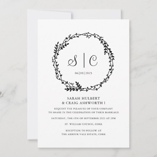 Invitation Monogrammes noirs blancs Fleurs Botaniques Wreath (Devant)
