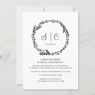 Invitation Monogrammes noirs blancs Fleurs Botaniques Wreath
