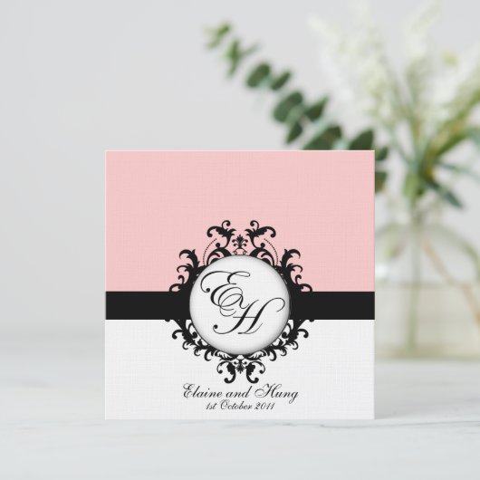 Invitation Monogrammes noirs Damask sur lin (Debout devant)