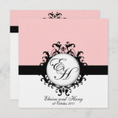 Invitation Monogrammes noirs Damask sur lin (Devant / Derrière)