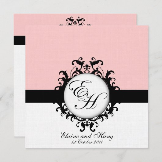 Invitation Monogrammes noirs Damask sur lin (Devant / Derrière)
