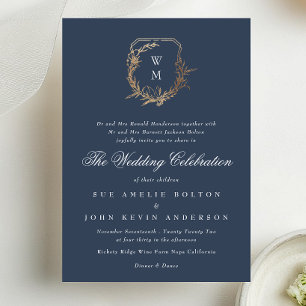 Invitation monographie classique bleu marine mariage or crête