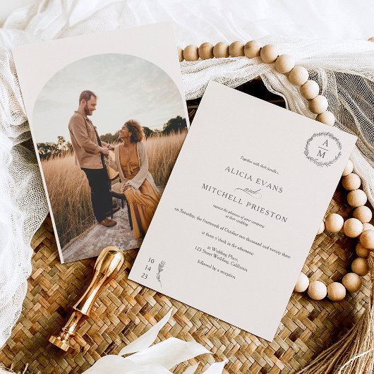 Invitation Monographie florale classique en ivoire mariage ph