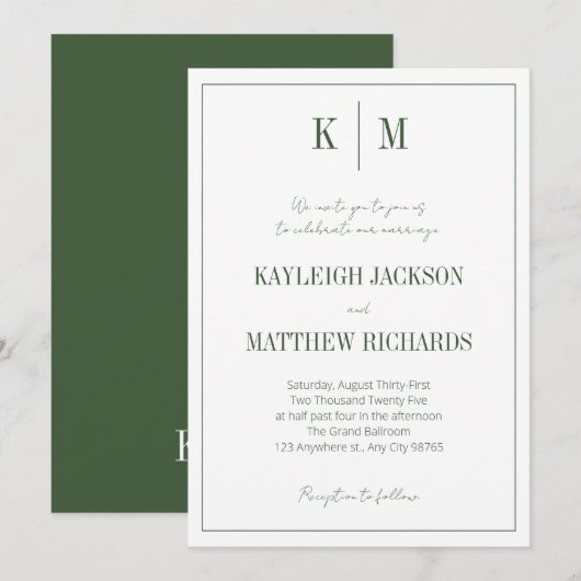 Invitation Monographie verte de forêt classique Mariage éléga (Devant / Derrière)