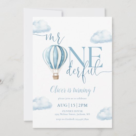 Invitation Monsieur Onederful garçon ballon à air chaud 1er a (Devant)