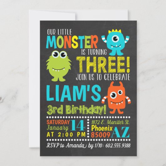 Invitation Monster 3ème anniversaire de fête (Devant)