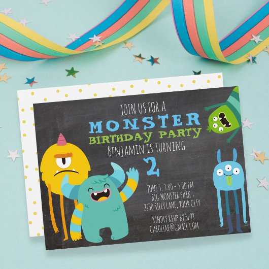 Invitation Monster Anniversaire de fête Thème Chalkboard Invi