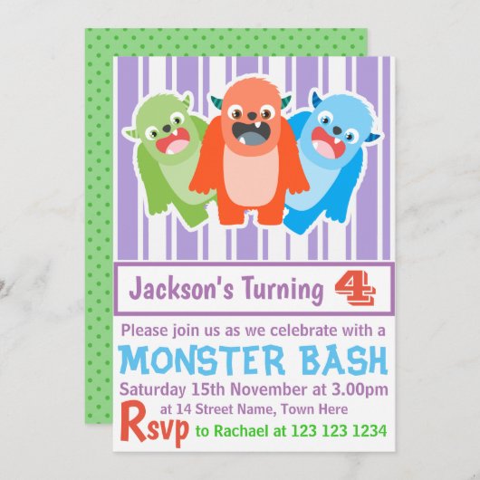 Invitation Monster Bash Colorful Fun Anniversaire de enfant p (Devant / Derrière)