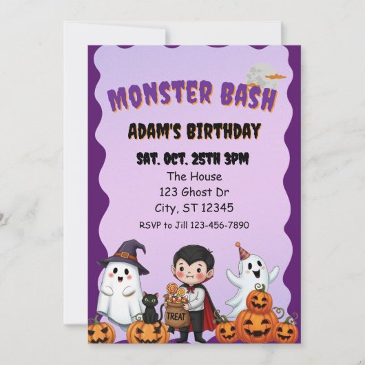 Invitation Monster Bash, Halloween birthday (Devant)