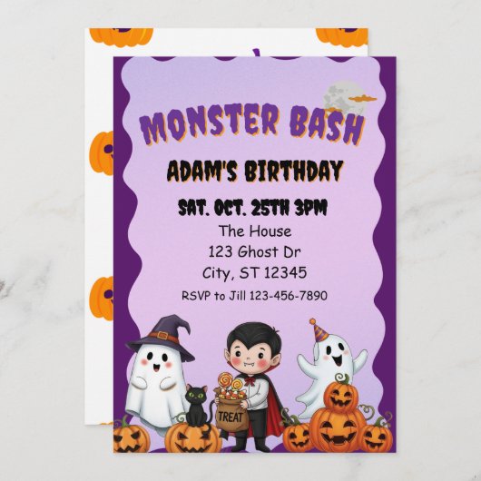 Invitation Monster Bash, Halloween birthday (Devant / Derrière)