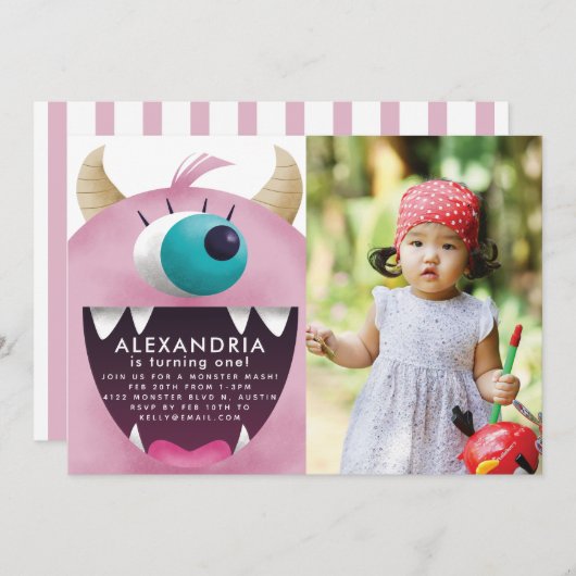 Invitation Monster Bash rose fête d'anniversaire Photo (Devant / Derrière)